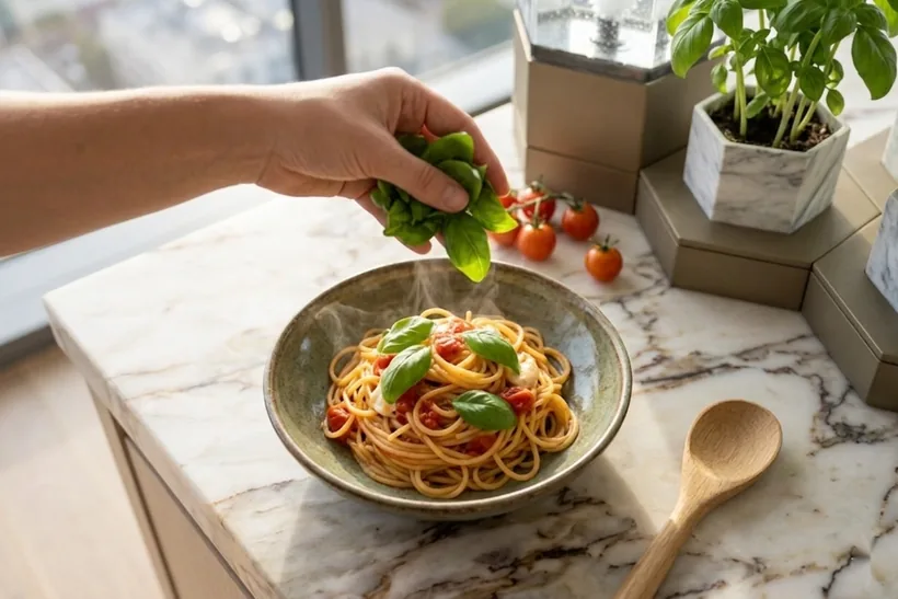 A bowl of pasta garnished with just-picked basil and cherry tomatoes