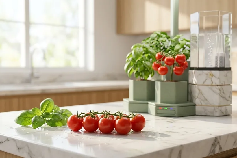 Cherry tomatoes on the vine growing in AI Ponics on a kitchen island