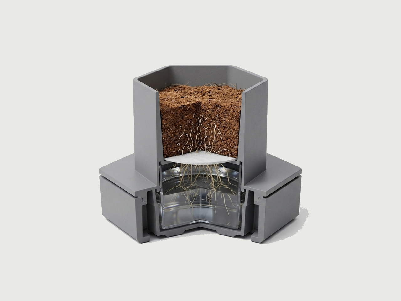 Cutaway of an AI Ponics pod showing roots in the growing medium above a still water reservoir