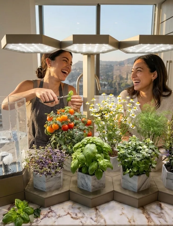Two people harvesting fresh herbs together from their AI Ponics garden