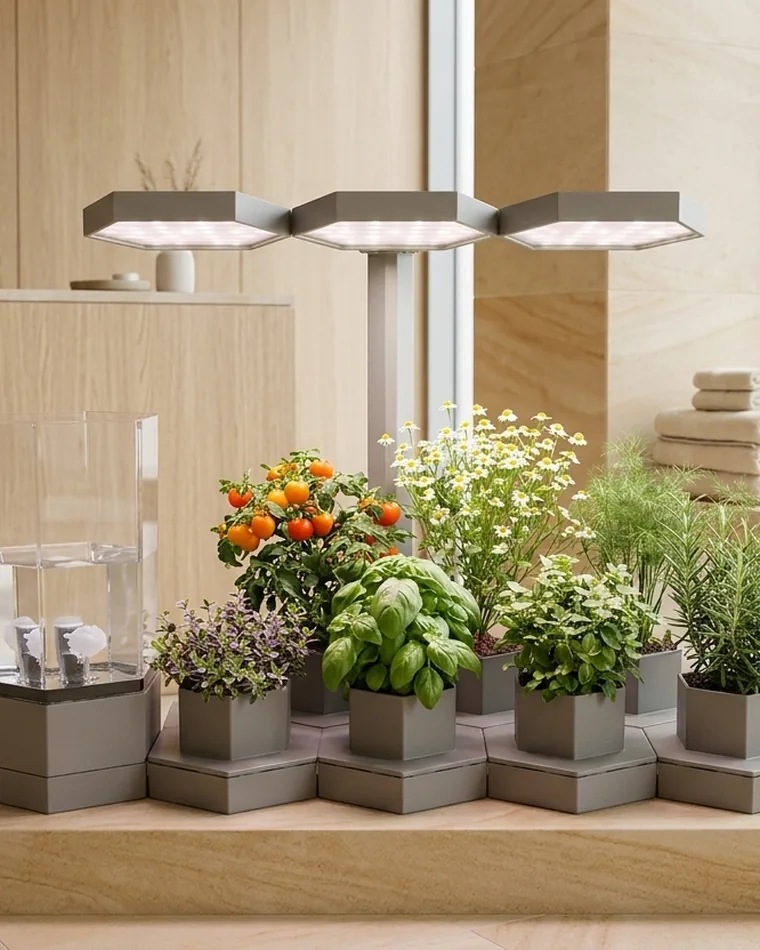 AI Ponics by a bright window with a city view