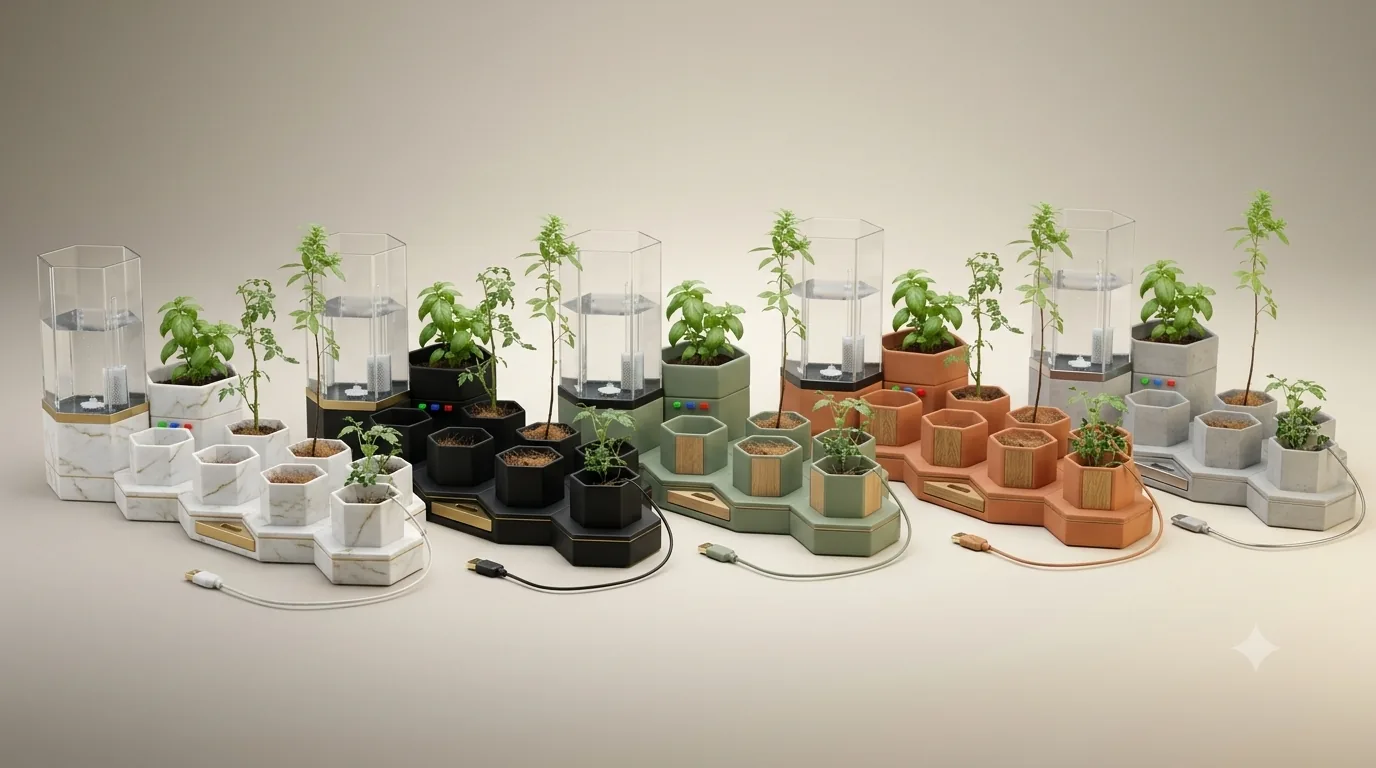 The AI Ponics smart garden in five finishes: white marble, black, sage green, terracotta and concrete, each with its water reservoir, hex grow pods and USB cable